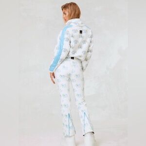 LoveShackFancy White Floral Boot-Cut Pants with Sky Blue Side Panels